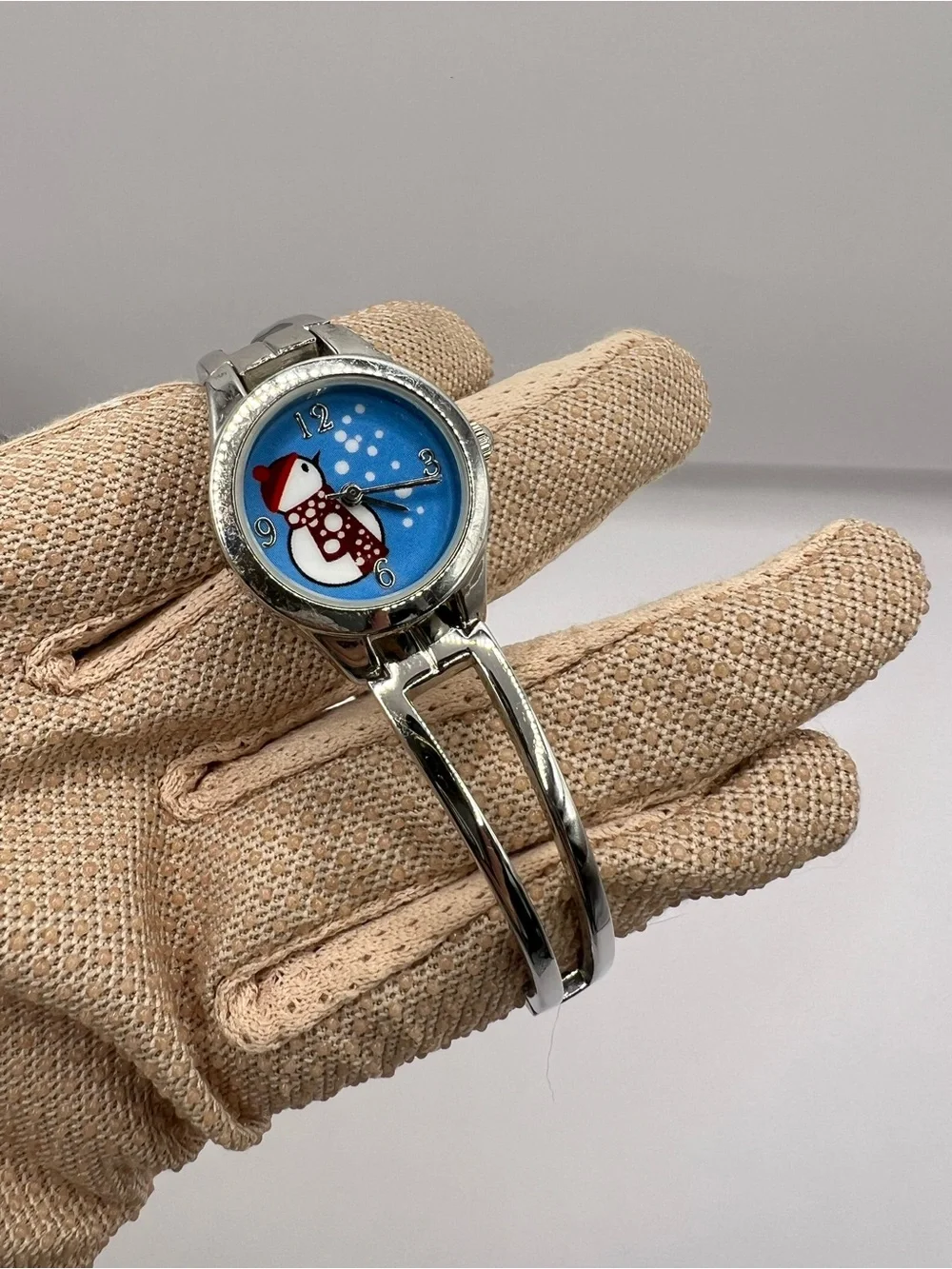 Snowman Silver Tone Bangle Cuff Watch Christmas Festive Jewelry